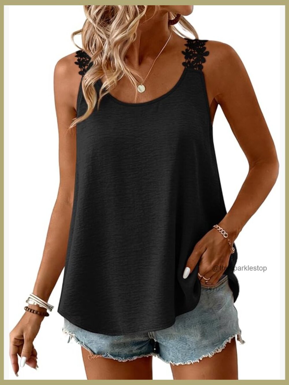 Loose Fit Crew Neck Sleeveless Tank Top with Lace Camisole Chiffon